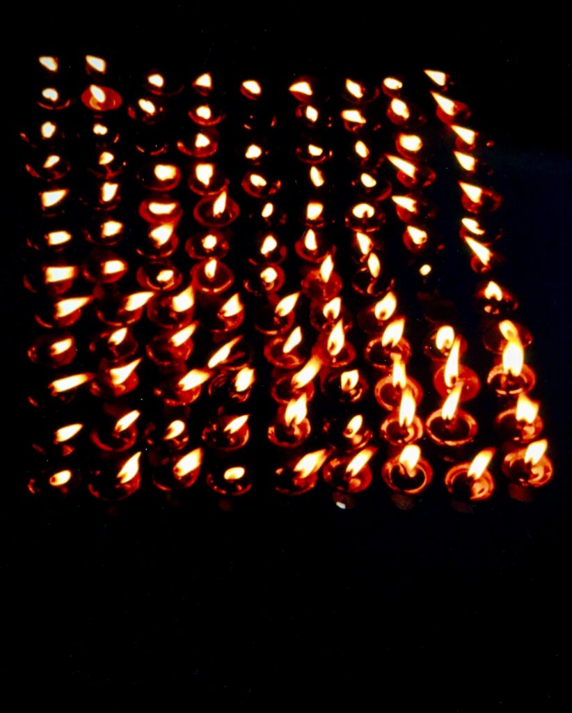 Abstract glowing red and orange lights in grid pattern, contemporary digital art by Layne Morgan