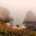 Misty coastal cliffs landscape with fog over ocean rocks fine art nature photography