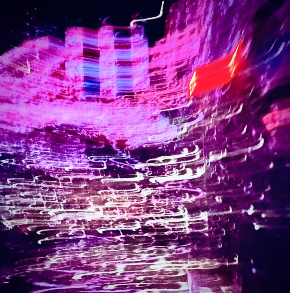 Neon pink and purple light reflections on water, abstract futuristic digital art by Layne Morgan