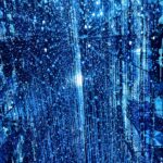 Abstract blue light particles with vertical rain-like motion, contemporary digital art by Layne Morgan