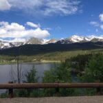 Aerial view of mountains and lake beneath dramatic clouds